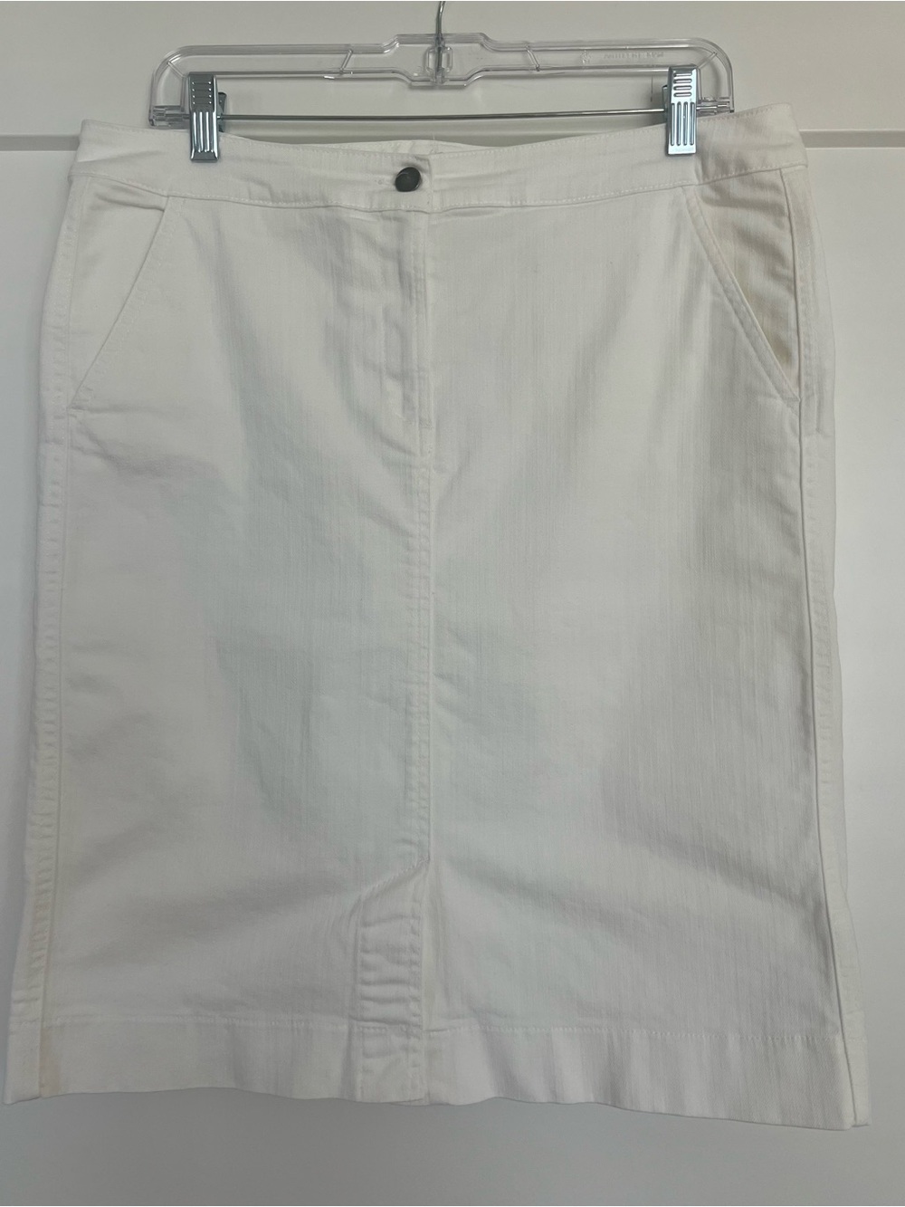 Eileen Fisher Classic Knee Length White Denim Skirt Front Slit Size Medium
